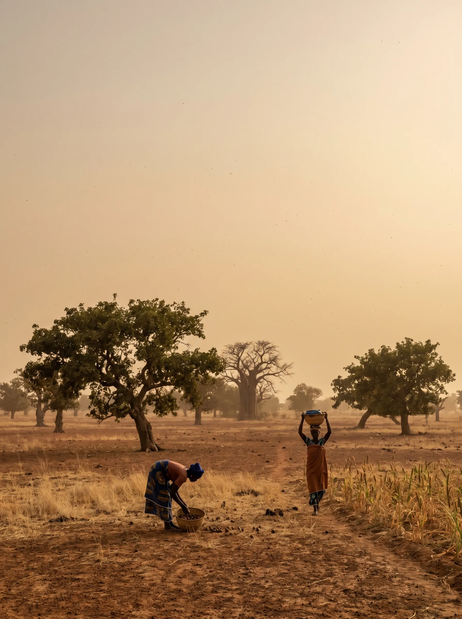 Women harvesting African botanicals among shea and baobab trees at origin, golden hour