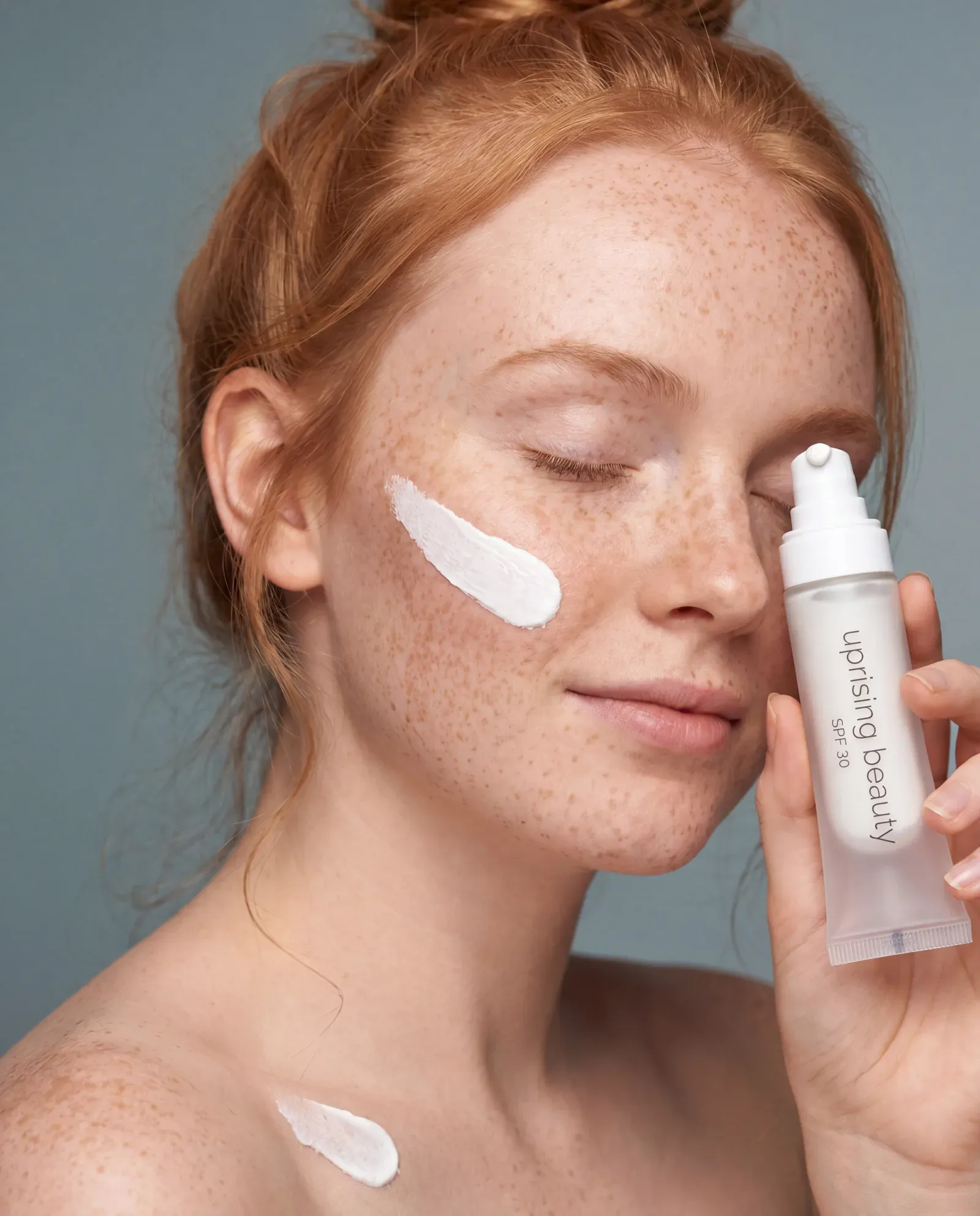 Suncare editorial composition, sun-warmed skin with mineral SPF
